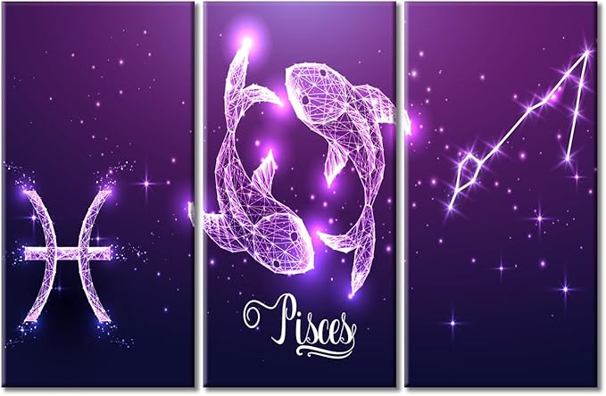 TUMOVO Astrology Horoscope Wall Prints Zodiac Canvas Wall Art 3 Panels Futuristic Pisces Zodiac Sign on Dark Purple Background Wall Art for Living Room Stretched and Framed Ready to Hang (60" Wx40 H) - Pisces Canvas for men