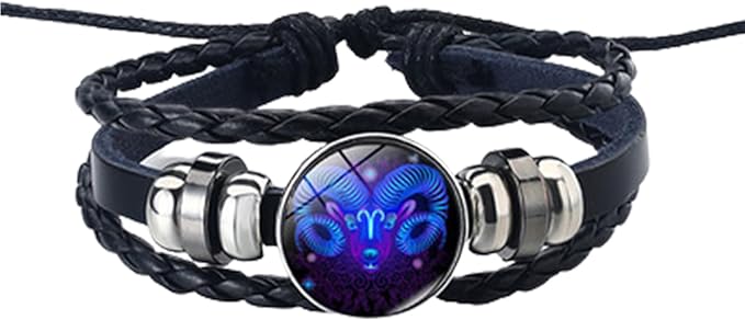 PNZLZIA Zodiac Signs Spirit Bracelet,Multilayer Adjustable Twelve Constellation Zodiac Leather Bracelets,12 Zodiac Signs Time Stone Leather Bracelet (Aries) - Aries Bracelet for men
