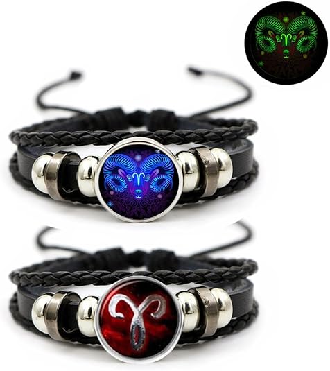 2Pcs Multilayer Constellation Zodiac Leather Bracelet Vintage Black Leather Bracelet Adjustable Handmade Woven Bracelet Birthday Trendy Jewelry for Women Men - Aries Bracelet for men