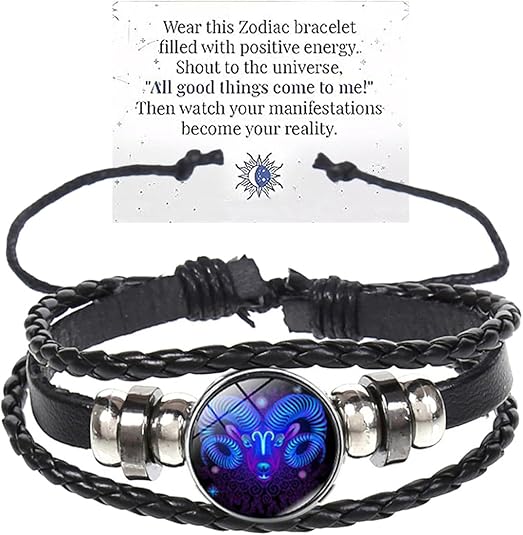 Zodiac Signs Spirit Bracelet Multilayer 12 Constellation Bracelet for Women Men Handmade Woven Zodiac Leather Bracelets Adjustable Glow in the Dark Zodiac Cuff Bangles for Constellation Lover - Aries Bracelet for men