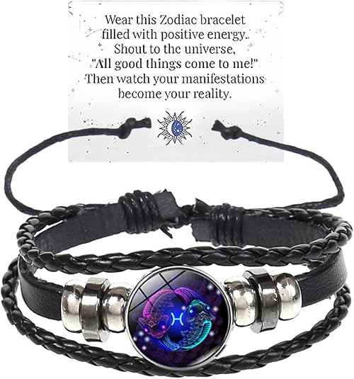 Atiptu Zodiac Signs Spirit Bracelet Multilayer Adjustable 12 Constellation Zodiac Leather Bracelets for Women Men Handmade Woven Glow in the Dark Zodiac Jewelry for Constellation Lover - Pisces for men