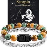 FANCIBAND Zodiac Bracelet for Men Women, 2pcs Stainless Steel Chain Bracelet and 8mm Natural Tiger Eye Stone Bead Bracelets with Zodiac Stone Black Star Sign Constellation Horoscope Bracelet Stretch - Scorpio Accessories for men