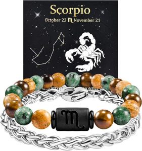 FANCIBAND Zodiac Bracelet for Men Women, 2pcs Stainless Steel Chain Bracelet and 8mm Natural Tiger Eye Stone Bead Bracelets with Zodiac Stone Black Star Sign Constellation Horoscope Bracelet Stretch - Scorpio Accessories for men