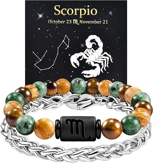 FANCIBAND Zodiac Bracelet for Men Women, 2pcs Stainless Steel Chain Bracelet and 8mm Natural Tiger Eye Stone Bead Bracelets with Zodiac Stone Black Star Sign Constellation Horoscope Bracelet Stretch - Scorpio Accessories for men