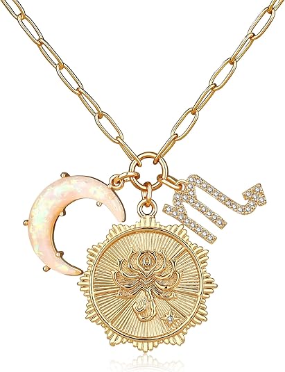 MISS RIGHT Gold Zodiac Sign Coin Necklace with Opal Crescent Moon Charm for Women Trendy, Dainty Gold Paperclip Chain 12 Constellation Horoscope Necklaces Astrology Jewelry Gifts - Scorpio Products for men