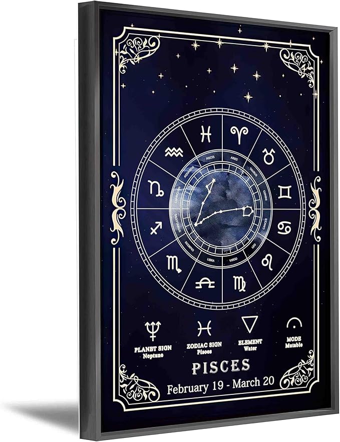 Black Metal Framed Pisces Canvas Wall Art Print Poster Blue Dreamy Sky Unique Tarot Elements Decorations Artwork for Office Bedroom Living Room Decor (16x24 in, Pisces) - Pisces Canvas for men