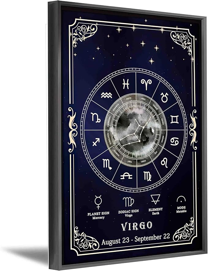 Black Metal Framed Virgo Canvas Wall Art Print Poster Blue Dreamy Sky Unique Tarot Elements Decorations Artwork for Office Bedroom Living Room Decor (16x24 in, Virgo) - Virgo Poster for men