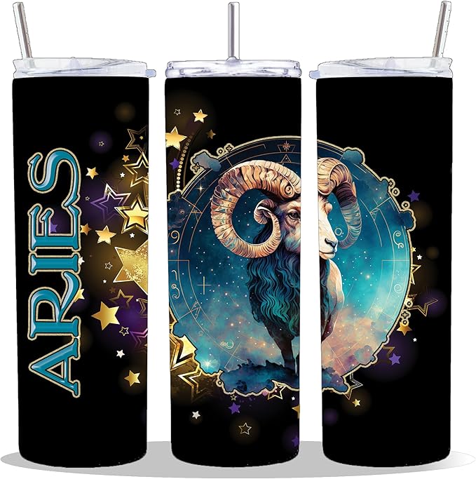 20 oz Insulated Double Wall Stainless Steel Tumbler with Spill Proof Lid and Reusable Straw, Water Bottle Coffee Cups Travel Mug, Gift Ideas, Stars ALL ZODIAC SIGNS Cup Mug Tumbler (Aries) - Aries Mug for men