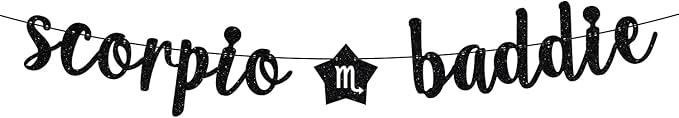Scorpio Baddie Banner, Happy Birthday Decor, 12 Constellation Zodiac Themed Birthday Party Decorations for Boys and Girls - Black Glitter - Scorpio Accessories for men