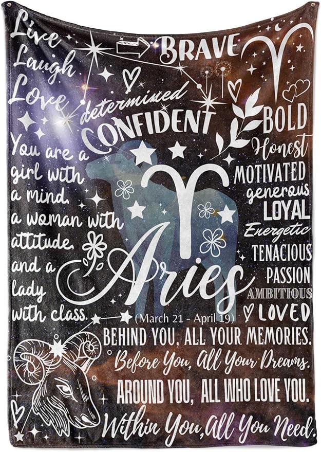 Zodiac Constellation Gifts for Women, Zodiac Sign Birthday Gift with Message Flannel Blanket Throws (50"x 65") - Aries - Aries Blanket for men