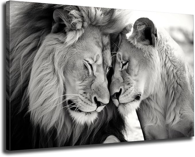 GLOKAKA Lion and Lioness Canvas Wall Art Black and White Animal Couple Wall Decor Painting Male and Female Lion Picture Print Wall Art for Home Bedroom Office Decor - Leo Canvas for men