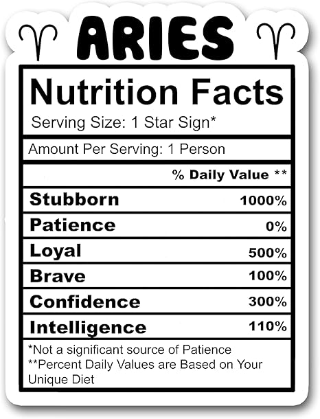Milleyz Aries Nutrition Facts Stickers, Zodiac Stickers, Astrology Signs Stickers, Fish Sticker, Water Assitant Die-Cut Vinyl Funny Decals for Laptop, Phone, Water Bottles - Aries Mug for men