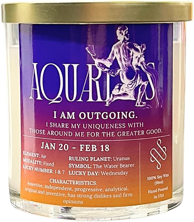 Aquarius Zodiac Candle, 100% Soy Wax Candle with Crystal, Non Toxic Candle with Phthalate-Free Fragrance, Tap Into The Strength of Aquarius Zodiac Sign, Zodiac Candle Gift for Aquarius, 10oz - Pisces Home Decor for men
