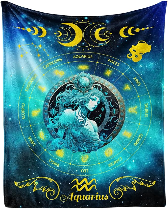 Aquarius Zodiac Blanket, 50" x 40" Flannel Stars Astrology Themed Stuffed Vibrant Throw, Soft Nap Throw Blanket for Home Boys Girls Women Horoscope Lovers Gifts - Aquarius Pillow for men