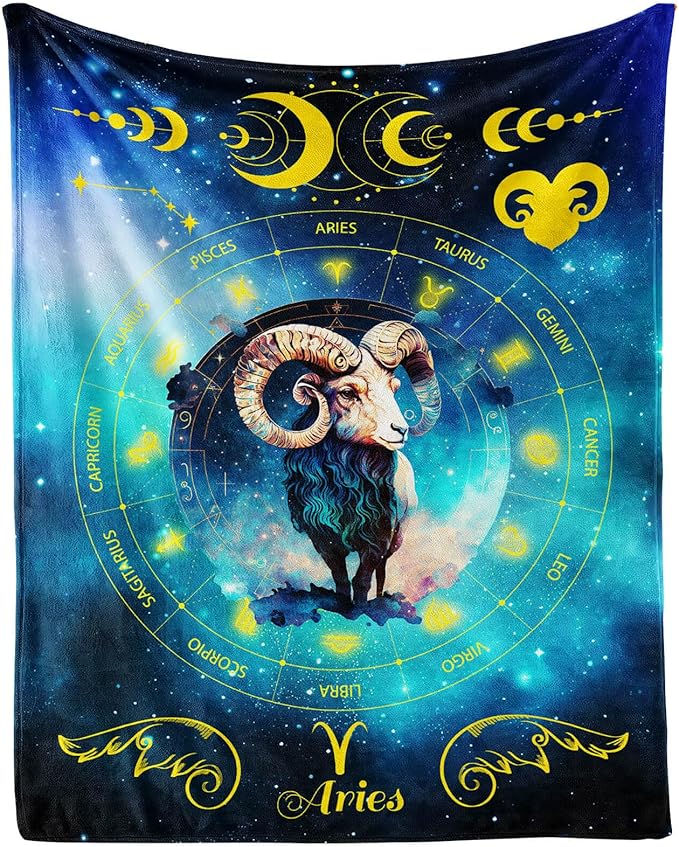 Aries Zodiac Blanket, 50" x 40" Flannel Stars Astrology Themed Stuffed Vibrant Throw, Soft Nap Throw Blanket for Home Boys Girls Women Horoscope Lovers Gifts - Aries Blanket for men