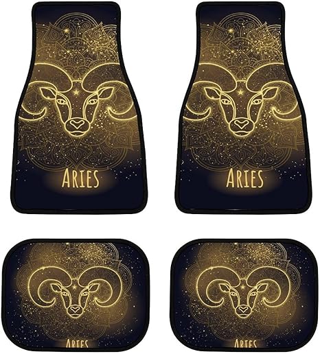 Colorful-Zodiac Black Print Car Front/Rear Floor Mats 4 Pieces Set, Rubber Non Slip Backing Washable, Automotive Carpet Interior Decortaive, for Sedan,Vans,Sedan,RV. - Aries Car Floor Mat for men