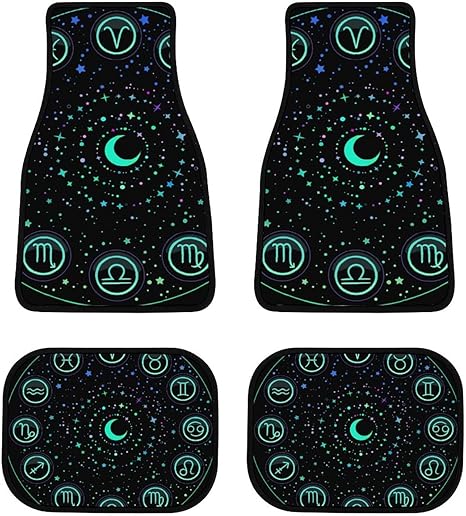 Round-Zodiac-Signs Car Front/Rear Floor Mats 4 Pieces Set, Rubber Non Slip Backing Washable, Automotive Carpet Interior Decortaive, for Sedan,Vans,Sedan,RV. - Virgo Car Floor Mat for men