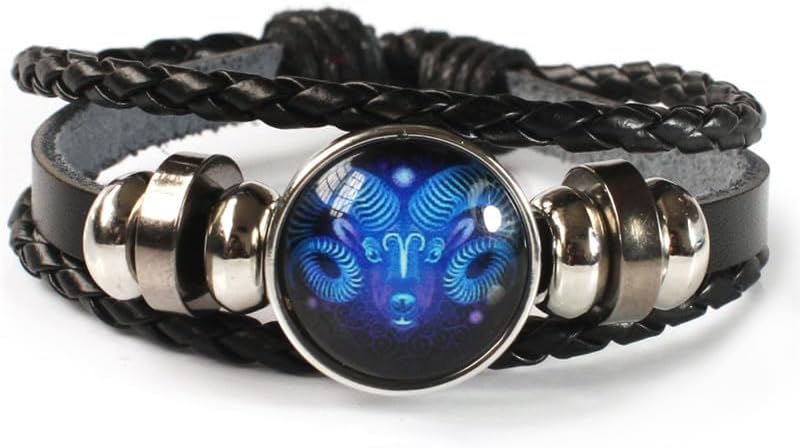 Zodiac Signs Spirit Bracelet Adjustable 12 Constellation Bracelet Multilayer Black Leather Wrap Bracelets Christmas Birthday Jewelry Gifts for Women Men - Aries Bracelet for men