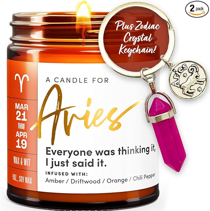 WAX & WIT Aries Gifts for Women, Zodiac Gifts for Women, Astrology Gift for Woman, Zodiac Candles, Aries Candle, March April Birthday Gift for Woman, Astrology Candle - 9oz - Aries Keychain for men