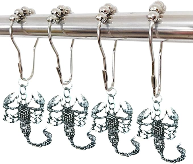 Zodiac Scorpio Decorative Shower Curtain Hooks for Bathroom, Rustproof Metal Shower Curtain Rings Set of 12 with Gothic Scorpion Animal Zodiac Theme Bathroom Decor (Silver) - Scorpio Accessories for men
