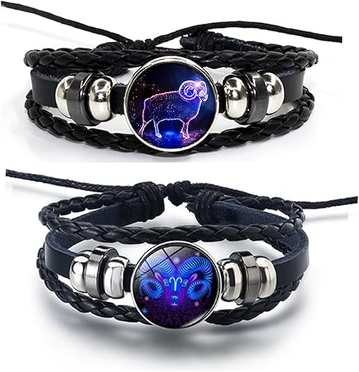 Zodiac Signs Spirit Bracelet for Women Men Multilayer Constellation Leather Wrap Bracelet Couple BFF Bracelets Birthday Gift 2Pcs Set - Aries Bracelet for men