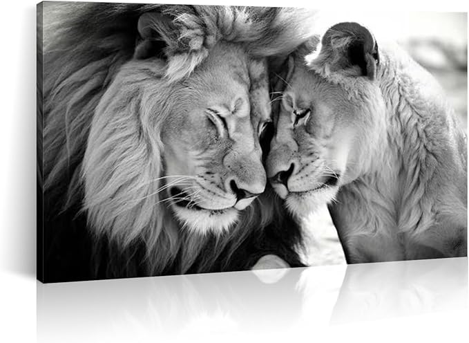 LYUNSHUO Lion and Lioness Canvas Wall Art Black and White Animals Couple Pictures Prints Abstract Wildlife Painting Minimalist Artwork for Living Room Bathroom Bedroom Office Wall Decor Ready To Hang - Leo Canvas for men