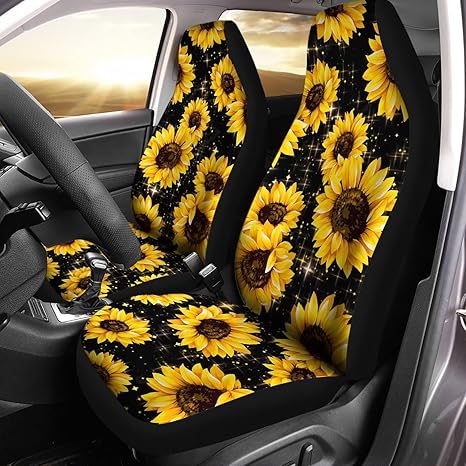 Black Bling Shiny Sunflower Print Auto Seat Cover, Thin Breathable Universal Car Front Seats Accessories Interior Decor 2 Pcs - Aries Car Seat Cover for men