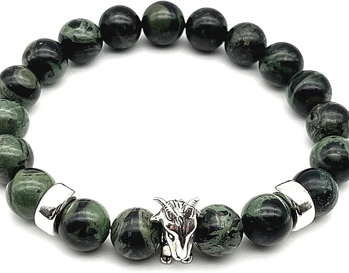 Kambaba Jasper Gemstone & Sterling Silver 10mm Beaded Aries Zodiac Sign Bracelet - Aries Bracelet for men