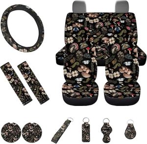 Boho Fern Flower Insect Butterfly Snail Mushroom Print Car Seat Covers 13PCS Car Accessories Steering Wheel Covers+Seat Belt Pads+Coaster+Key Ring+Lipstick Holder Auto Interior Decor,Black - Scorpio Car Seat Cover for men