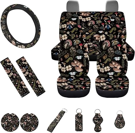 Boho Fern Flower Insect Butterfly Snail Mushroom Print Car Seat Covers 13PCS Car Accessories Steering Wheel Covers+Seat Belt Pads+Coaster+Key Ring+Lipstick Holder Auto Interior Decor,Black - Scorpio Car Seat Cover for men