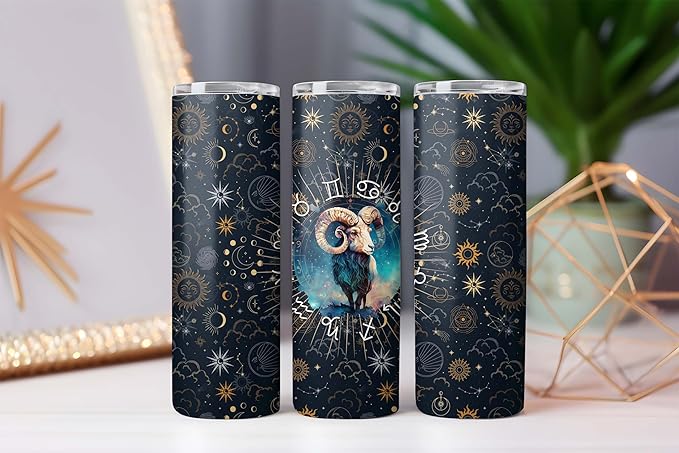 Tumbler with Lid and Straw, Zodiac Sign Travel Tumbler, Goth Tumbler, Constellation Cup/Mug, Christmas Cup, Signo Zodiacal Gifts for Men Women, 20-30oz (Aries) - Aries Mug for men