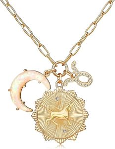MISS RIGHT Gold Zodiac Sign Coin Necklace with Opal Crescent Moon Charm for Women Trendy, Dainty Gold Paperclip Chain 12 Constellation Horoscope Necklaces Astrology Jewelry Gifts - Taurus Products for men