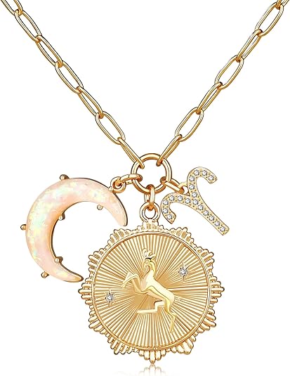 MISS RIGHT Gold Zodiac Sign Coin Necklace with Opal Crescent Moon Charm for Women Trendy, Dainty Gold Paperclip Chain 12 Constellation Horoscope Necklaces Astrology Jewelry Gifts - Aries for men