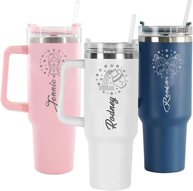 Zodiac and Name Personalized Tumbler 40 oz Laser Engraved, Insulated Cup with Handle, Lid and Straw - Astrology Gifts, Zodiac Signs with Constellations, Large Aries Cup, Scorpio Gifts, Leo Gift - Aries Mug for men