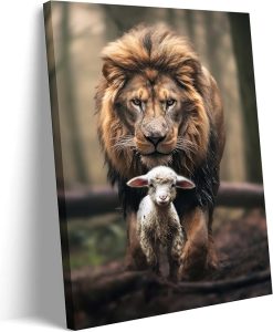 Framed Lion and Lamb Canvas Wall art Christian Jesus Lion King Poster Print God Religious Wall Decor Pictures for Living Room Bedroom Decoration - Leo Canvas for men
