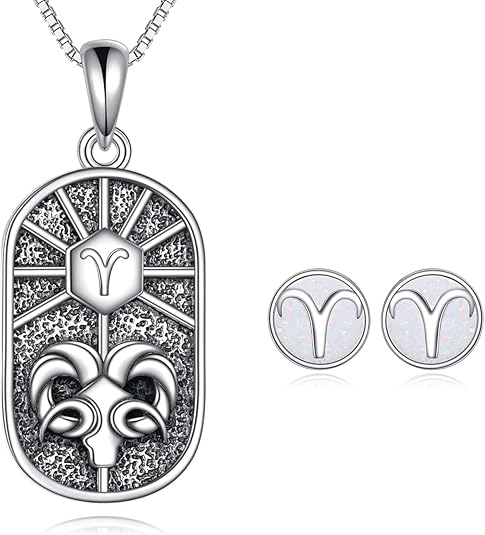 Constellation Aries Necklace with Earrings Set 925 Sterling Silver Zodiac Sign Jewelry Gift for Women Girls - Aries Earrings for men