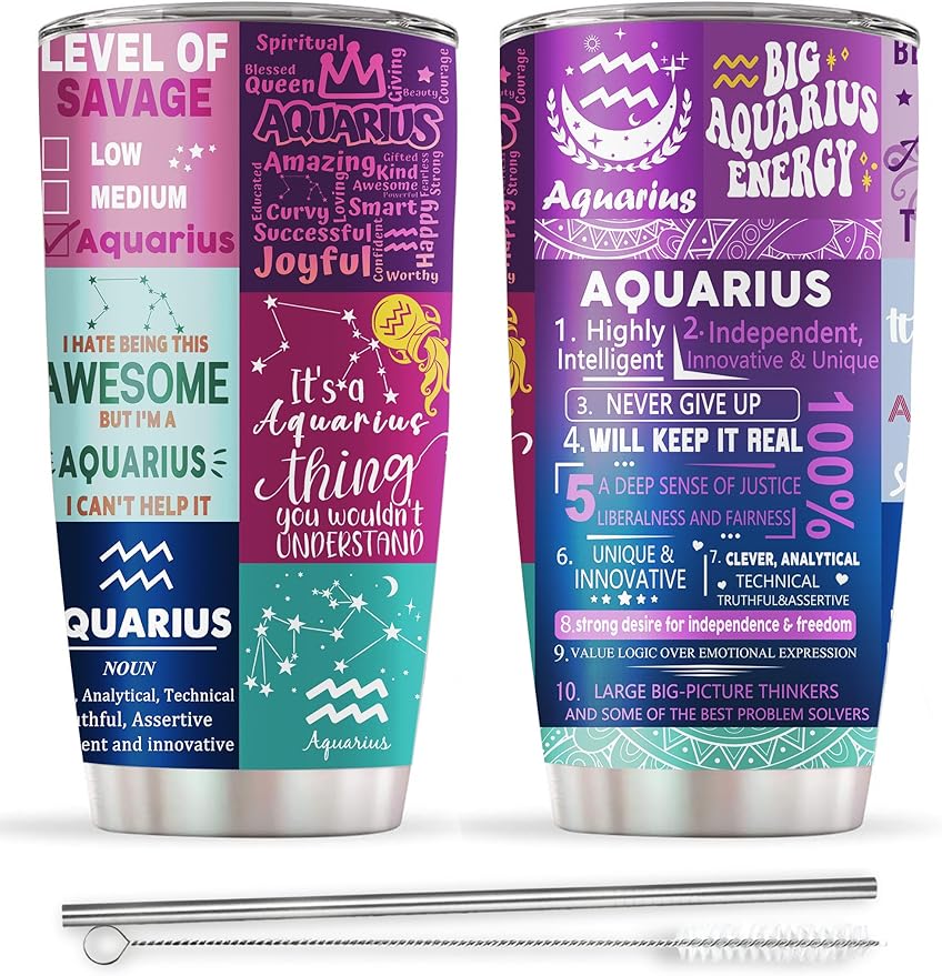 Aquarius Gifts for Women: Zodiac Aquarius Cup, Astrology Gothic Witchy Gifts Constellation Insulated Tumbler With Lid Coffee Mug 20 OZ - Aquarius Mug for men