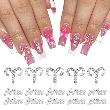 15pcs 3D Silver Aries Nail Charms - 5pcs Zodiac Signs & 10pcs Letter Studs Rhinestones - DIY Crafts & Jewelry Decoration Nail Supplies - Aries for men