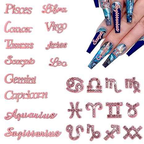 24 Pieces Pink Alloy Zodiac Nail Charms Zodiac Sign Charms for Nails Twelve Constellation Words Charms Virgo Leo Aries Taurus Gemini Capricorn Zodiac Nail Charms for Women Nail Art Decoration - Taurus for men