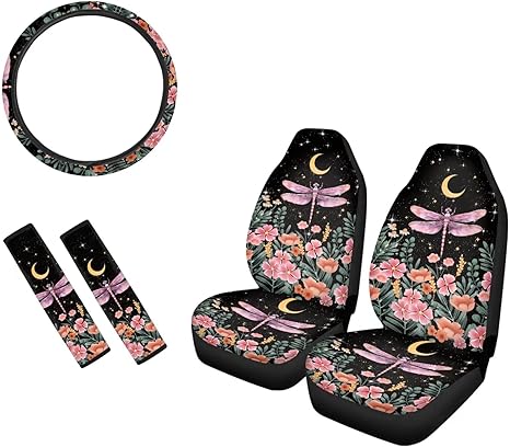 Dragonfly Moon Star Flower Front Car Seat Covers 5 Piece Auto Accessories Set for SUV Truck Sedan Van Cars with Steering Wheel Cover and Seatbelt Pad Cover, Seat Cover Protector - Aries Car Seat Cover for men