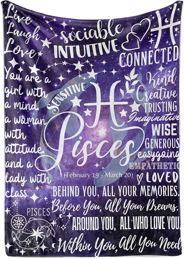 Zodiac Constellation Gifts for Women, Zodiac Sign Birthday Gift with Message Flannel Blanket Throws (50"x 65") - Pisces - Pisces Pillow for men