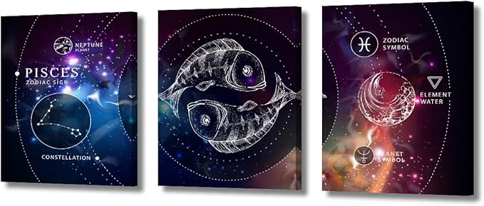Wall Decorations for Living Room Pisces Zodiac Sign Home Decor Magic Witchcraft Card with Astrology Wall Paintings Koi Fish Wall Decor Pictures 3 Piece Posters and Prints Ready to Hang (36''W x 16''H) - Pisces Canvas for men