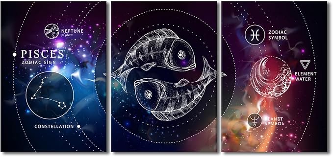 Wall Decorations for Living Room Pisces Zodiac Sign Home Decor Magic Witchcraft Card with Astrology Wall Paintings Koi Fish Wall Decor Pictures 3 Piece Posters and Prints Ready to Hang (42''W x 20''H) - Pisces Home Decor for men