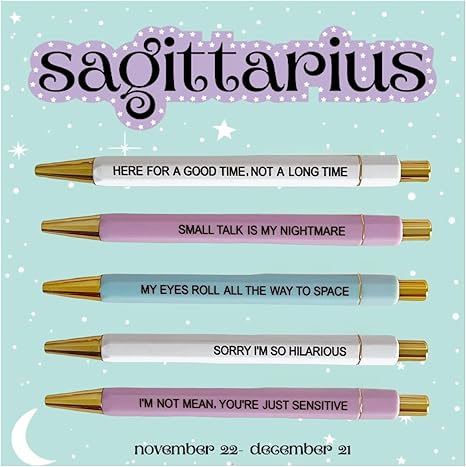 Jxueych Fun Sagittarius Pen Set - 5pcs Personalized Pens with Blessing Quotes, Black Ink, Medium Nib 1.0mm - Funny Gifts for Friends and Family - Sagittarius Home Decor for men