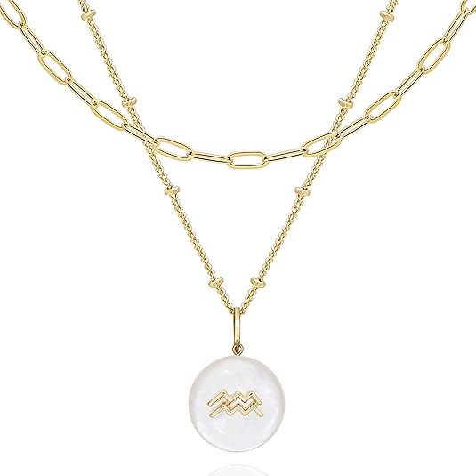 Zodiac Gold Sign on White Pearl & Shell Necklace - 2 Layered & Separate Chain with Dainty Disc Shell Pendant, Featuring 12 Constellations, Perfect Jewelry for Birthday Gifts - Aries Necklace for men