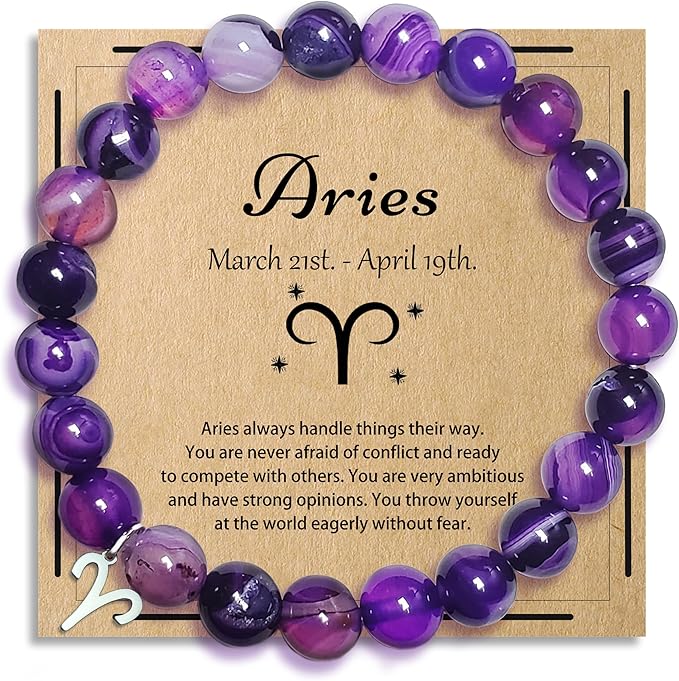ZCCLINN Aries Bracelets Birthday Gifts, Zodiac Astrology Bracelets Present for Women, Aries Constellation Crystal Bracelet, Purple Unique Jewelry with Wish Card for Sister Mom Friend - Aries Bracelet for men