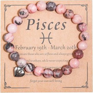 Caiyao Handmade 12 Constellation Natural Pink Zebra Healing Stone Zodiac Stress Relief Adjustable Bracelet with Message Card Friendship Birthday Jewelry for Women - Pisces for men