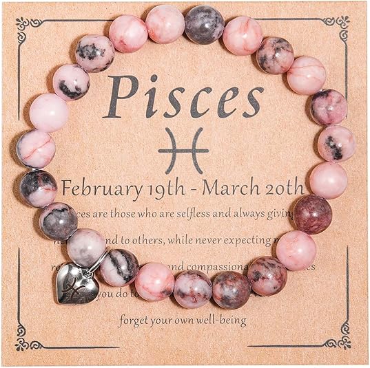 Caiyao Handmade 12 Constellation Natural Pink Zebra Healing Stone Zodiac Stress Relief Adjustable Bracelet with Message Card Friendship Birthday Jewelry for Women - Pisces for men