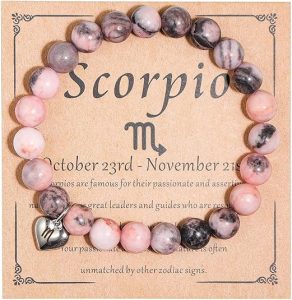 Caiyao Handmade 12 Constellation Natural Pink Zebra Healing Stone Zodiac Stress Relief Adjustable Bracelet with Message Card Friendship Birthday Jewelry for Women - Scorpio Products for men