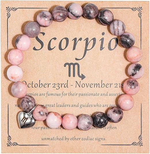 Caiyao Handmade 12 Constellation Natural Pink Zebra Healing Stone Zodiac Stress Relief Adjustable Bracelet with Message Card Friendship Birthday Jewelry for Women - Scorpio Products for men